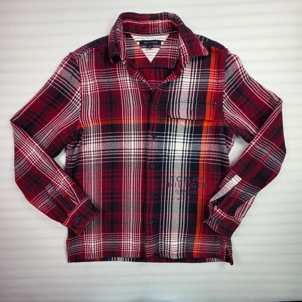 Tommy Hilfiger Mens Red Plaid Flannel Button Down Shirt Small S 100% Cotton